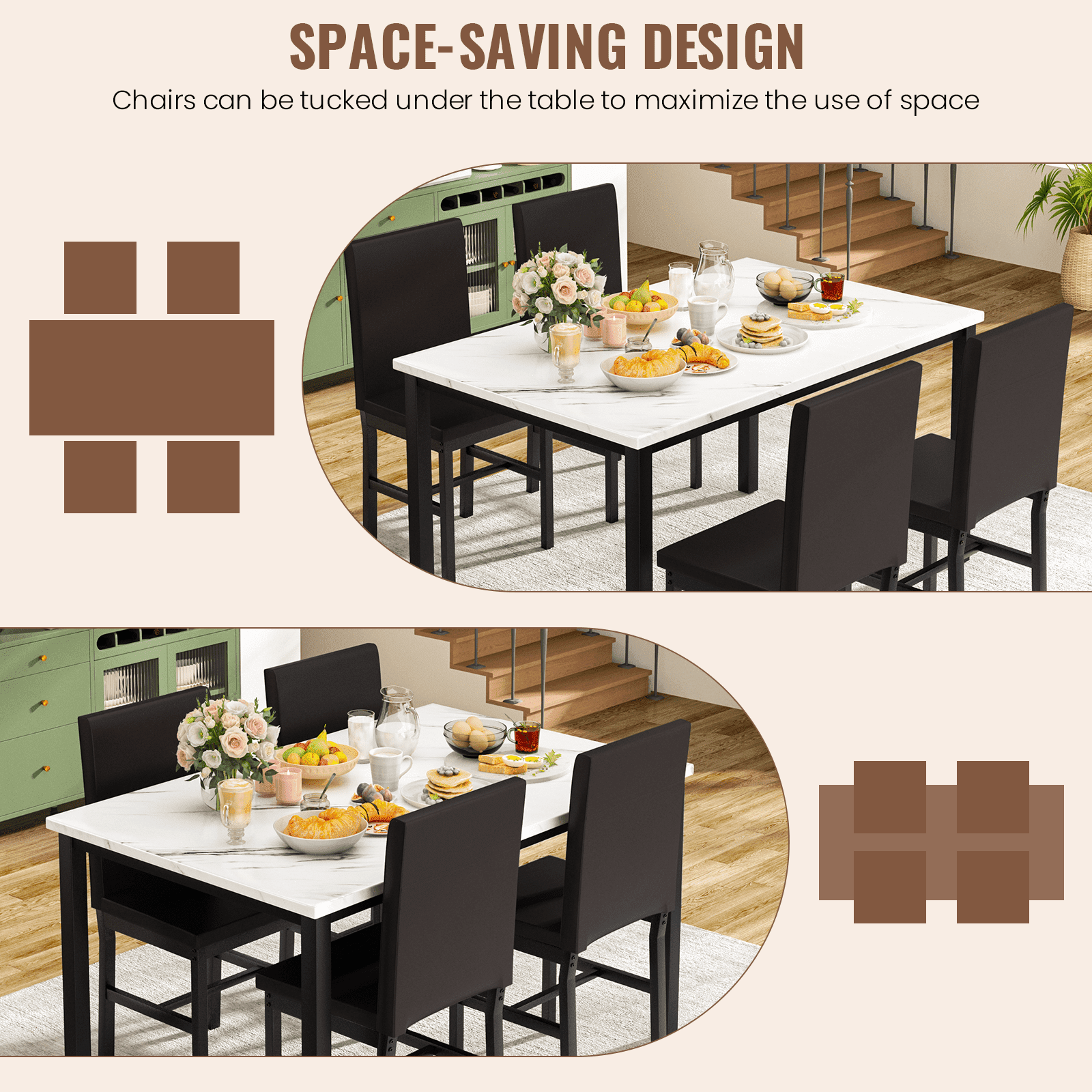 AWQM 5 Piece Dining Table Set, Modern Faux Marble Tabletop and 4 PU Leather Upholstered Chairs, Rectangle Kitchen Table and Chairs for 4 Persons, Small Dining Set for Bar Dining Room Breakfast Nook
