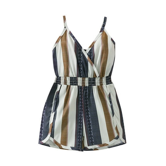 Seyurigaoka Toddlers Baby Girl Summer Casual Romper, Sleeveless V-Neck Striped Print High Waist Shorts Bodysuit