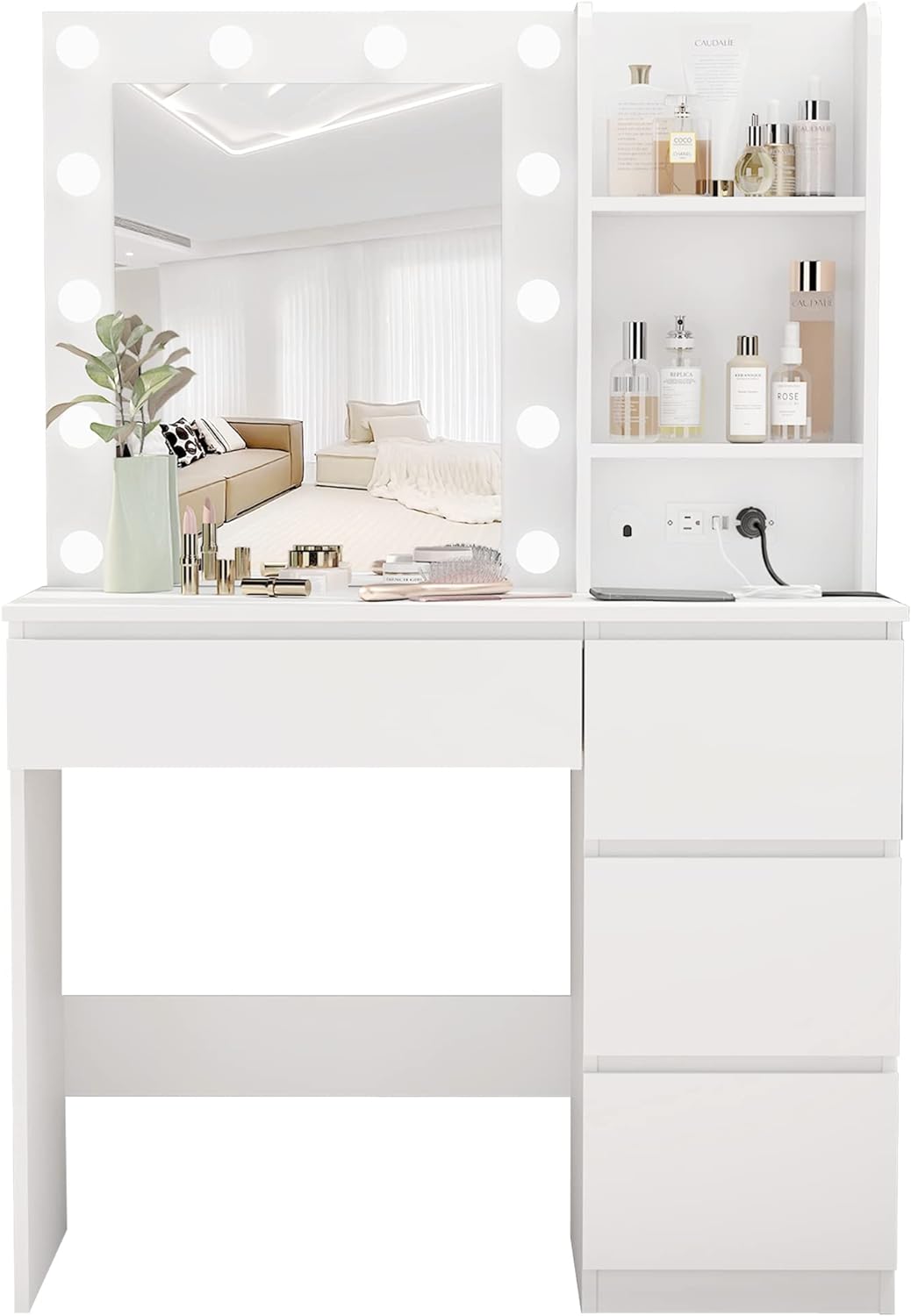 EdMaxwell WiberWi Home Office Desk With 2 Drawers – 39.4 Inch White Modern Writing Computer Desk, Small Space Vanity & Study Table