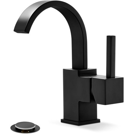 Black Bathroom Faucet 1 Hole, Waterfall 4 Inch Single Hole or 3 Hole Vanity Faucet, Swivel 360 Degree with Deck Plate, Pop Up Drain and Water Supply Line