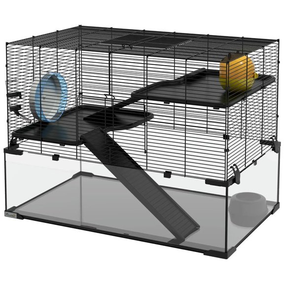 GVN Hamster Cage, Small Hamster Habitat,31" Hamster Cage, Gerbil Cage with Glass Basin for Small Hamsters, Black