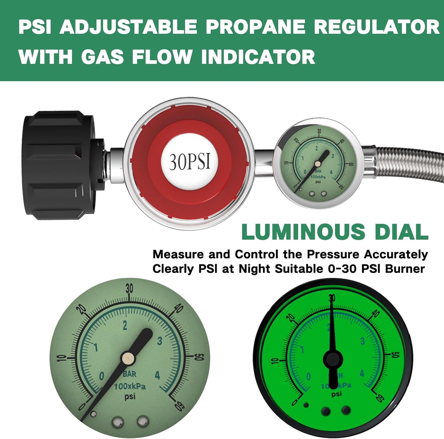 24FT 0-30 PSI Adjustable High Pressure Propane Regulator with Gauge 0~60PSI Gas Flow Indicator Stainless Propane QCC1 Hose with 3/8 Flare x 1/8 MNPT Fits for LP Gas Cooker, Burner, Turkey Fryer,Smoke