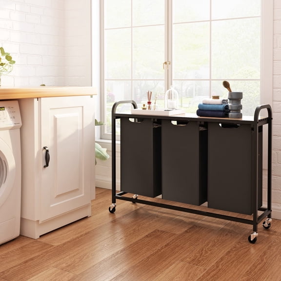 LENLN Rolling Laundry Hamper 3 Section, Laundry Sorter with Shelf & 3 Pull-Out Removable Bags, Laundry Room Storage with Large Top Shelf