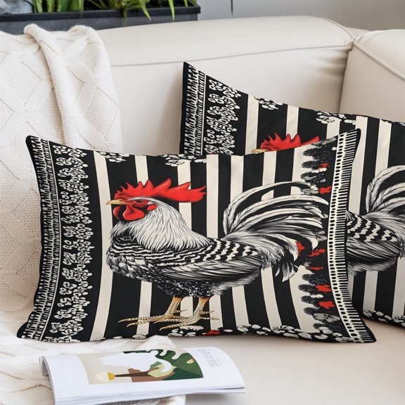 Vintage Rooster Pillow Covers 20x26 Inch Standard Size, Black White Striped Watercolor Decorative Pillowcase with Zipper, Microfiber Pillow Protector, Breathable Pillowcases for Sofa Bed Living Room