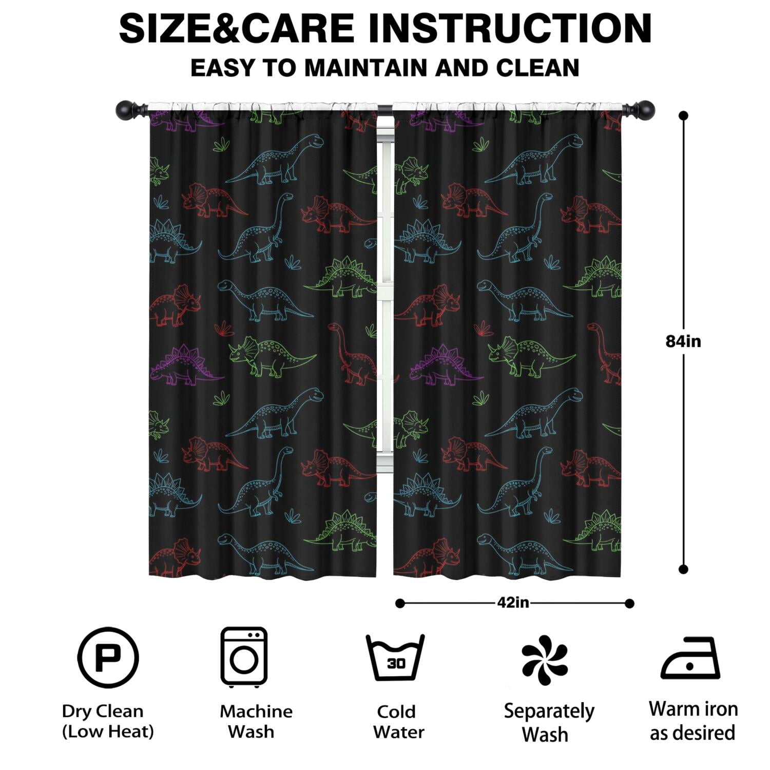 Blackout Kids Curtains,Neon Outline Dinosaurs Childrens Insulated Curtains Set Of 2,Bedroom Essentials,Toddler Room Decor 42"x84"