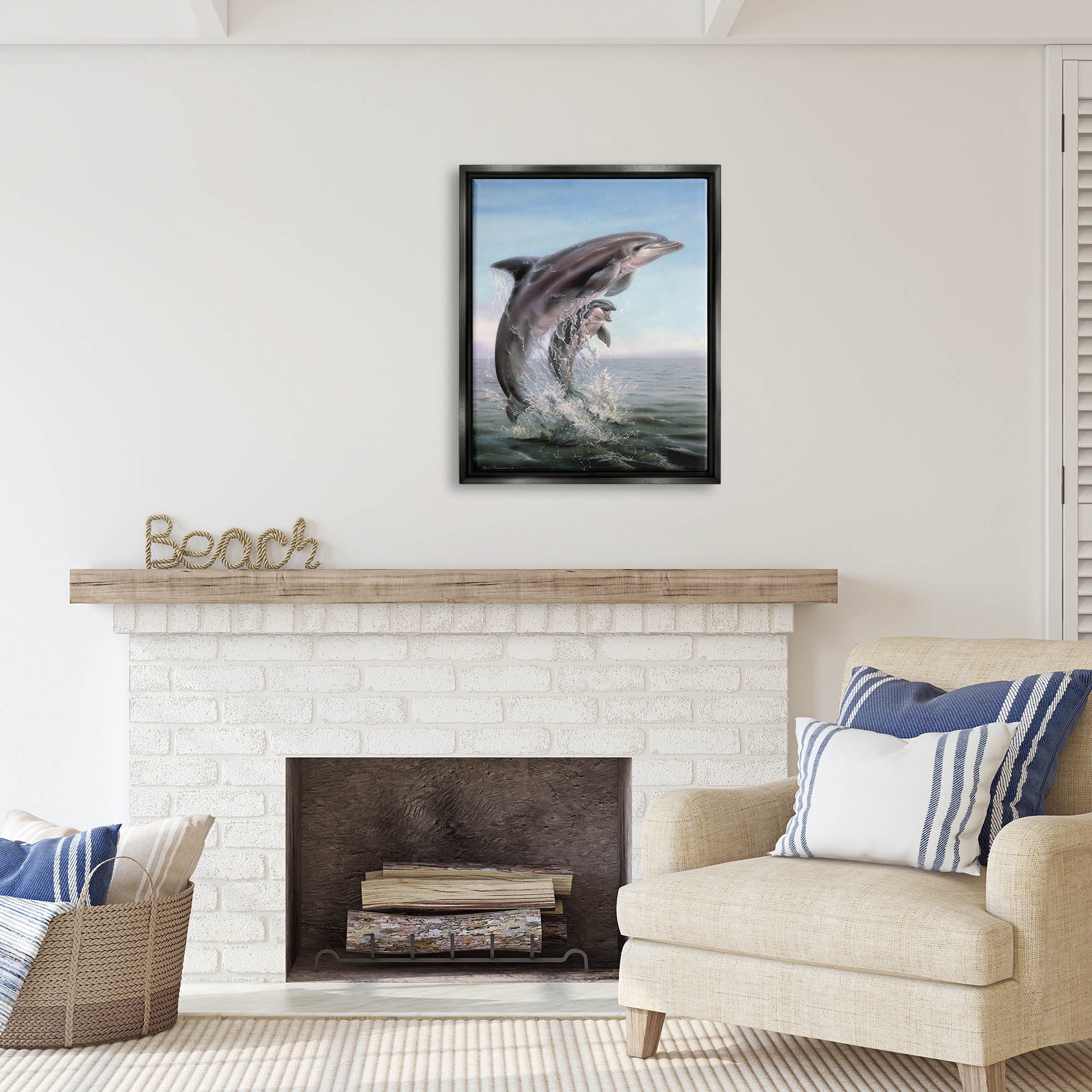 Stupell Industries Breaching Dolphins Water Splash Coastal Painting Black Floater Framed Art Print Wall Art