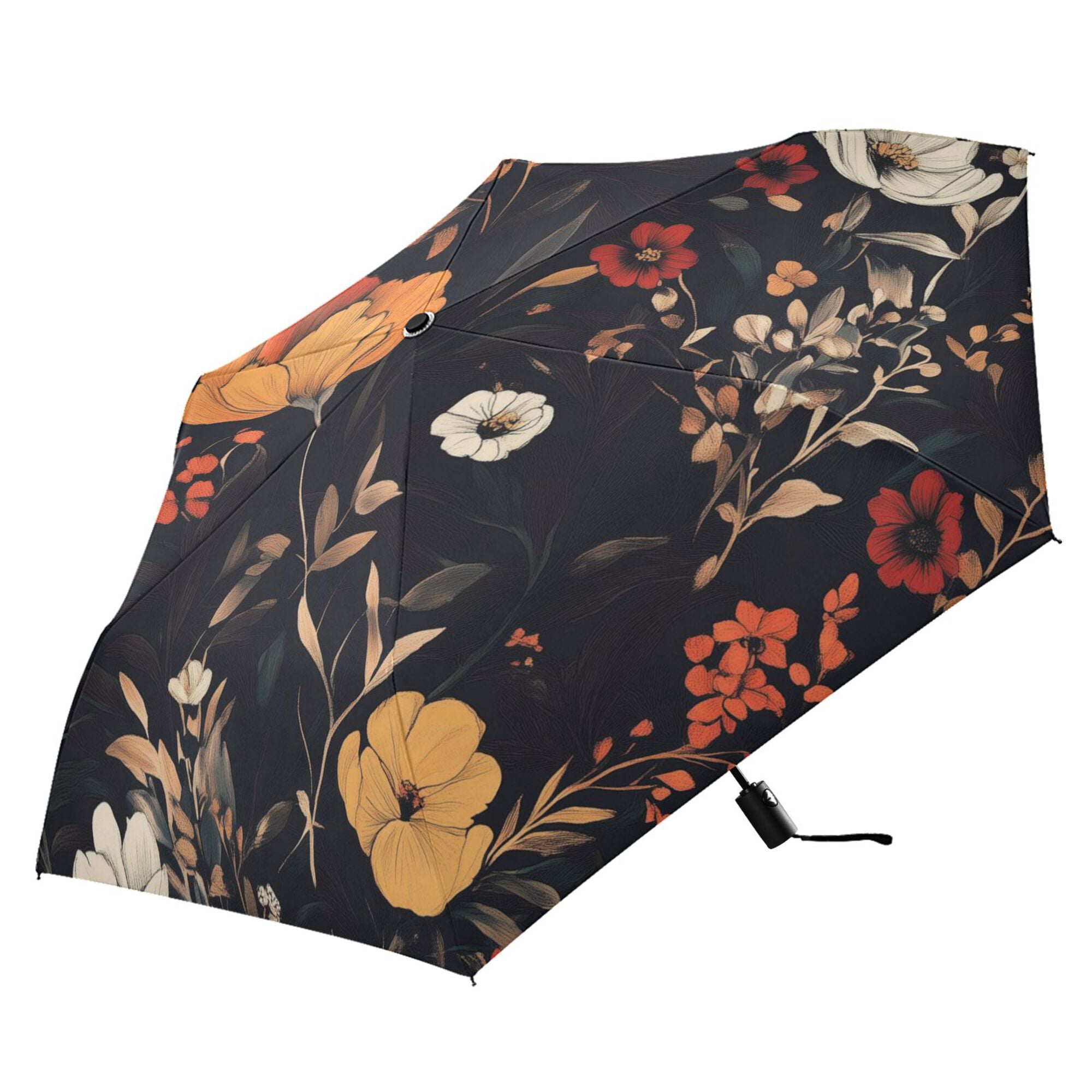FORMRS Travel Umbrella Folding Auto Open Close Windproof Rain UV Protection, Black Floral Pattern