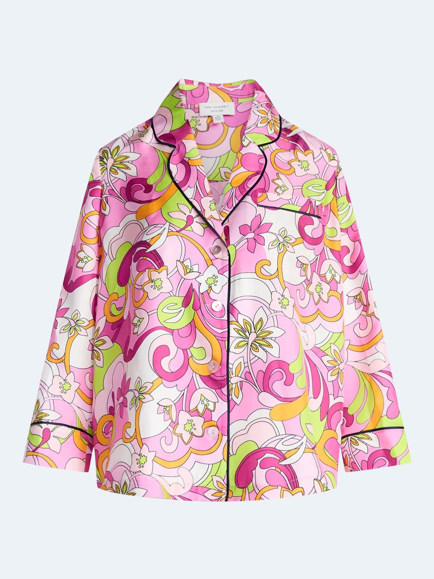 Free Assembly Women's and Women's Plus Silk Day Jama Shirt with Long Sleeves, Sizes XS-4X