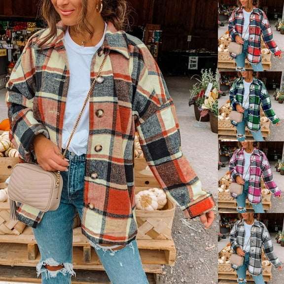 HAPIMO Jackets for Women Lapel Bust Pocket Outwear Casual Comfy Plaid Print Button Down Jacket Girls Fall Fashion Tops Long Sleeve Gray L