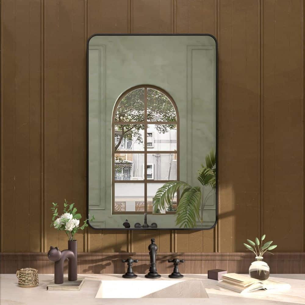 Lumora 24.2"x 36.3" Wall Mirror Rectangle Rounded Corner Hanging Vanity Mirror,Black