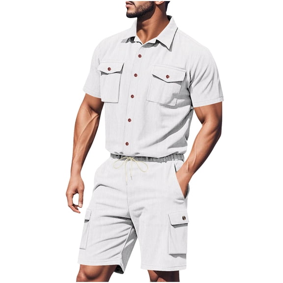 Timoontee Men's Summer Sets Lightweight Casual Tracksuit Solid 2 Piece Outfits Short Sleeve Button Down Collared Shirts with Drawstring Shorts White XL