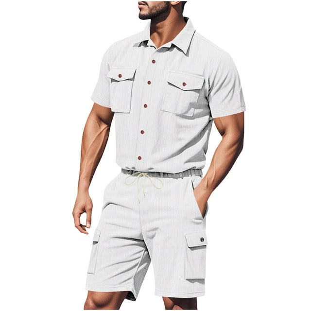 NTACZA Men's Shorts Set Button Down Short Sleeve Tracksuits Mens Shirt Cargo Sweatsuits M