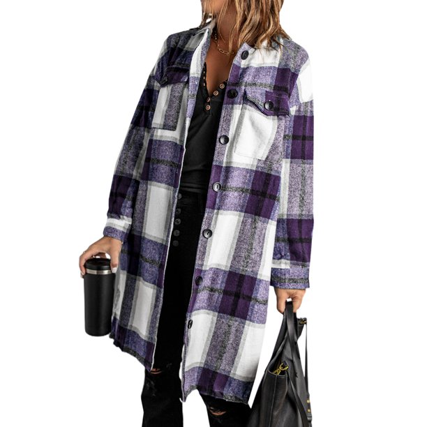 Rosfancy Women Flannel Plaid Long Shacket Jacket Button Down Long