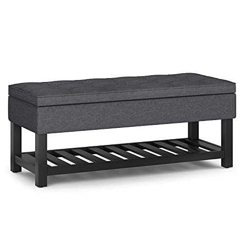SIMPLIHOME Cosmopolitan 44 inch Wide Traditional Rectangle Storage Ottoman Bench with Open Bottom in Slate Grey Linen Look Fabric, for Living Room, Bedroom