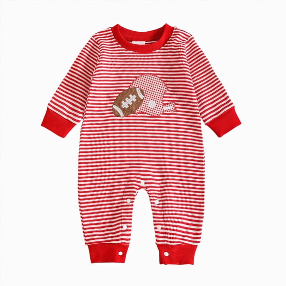 larppty Newborn Baby Boy Girl Football Outfit Rugby Embroidery Stripe Romper Waffle Knit Long Sleeve Jumpsuit Fall Clothes