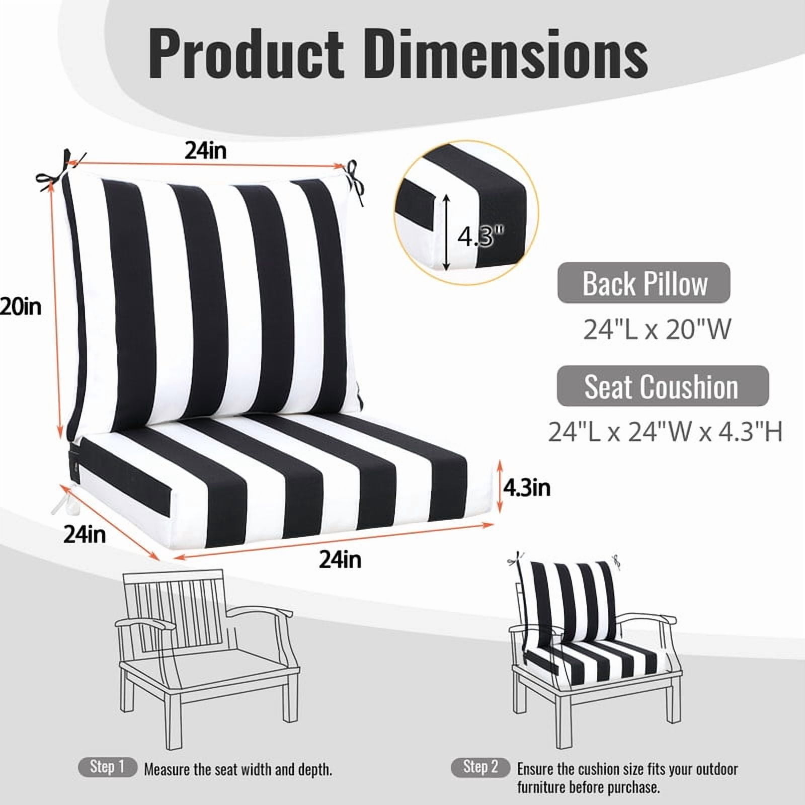 SDJPOI 2 Set Outdoor Deep Seat Cushions, 24"x24"X4.3" Waterproof Fade-Resistant Patio Furniture Cushions with Removable Covers & Adjustable Ties for Chairs, Sofa, Couch