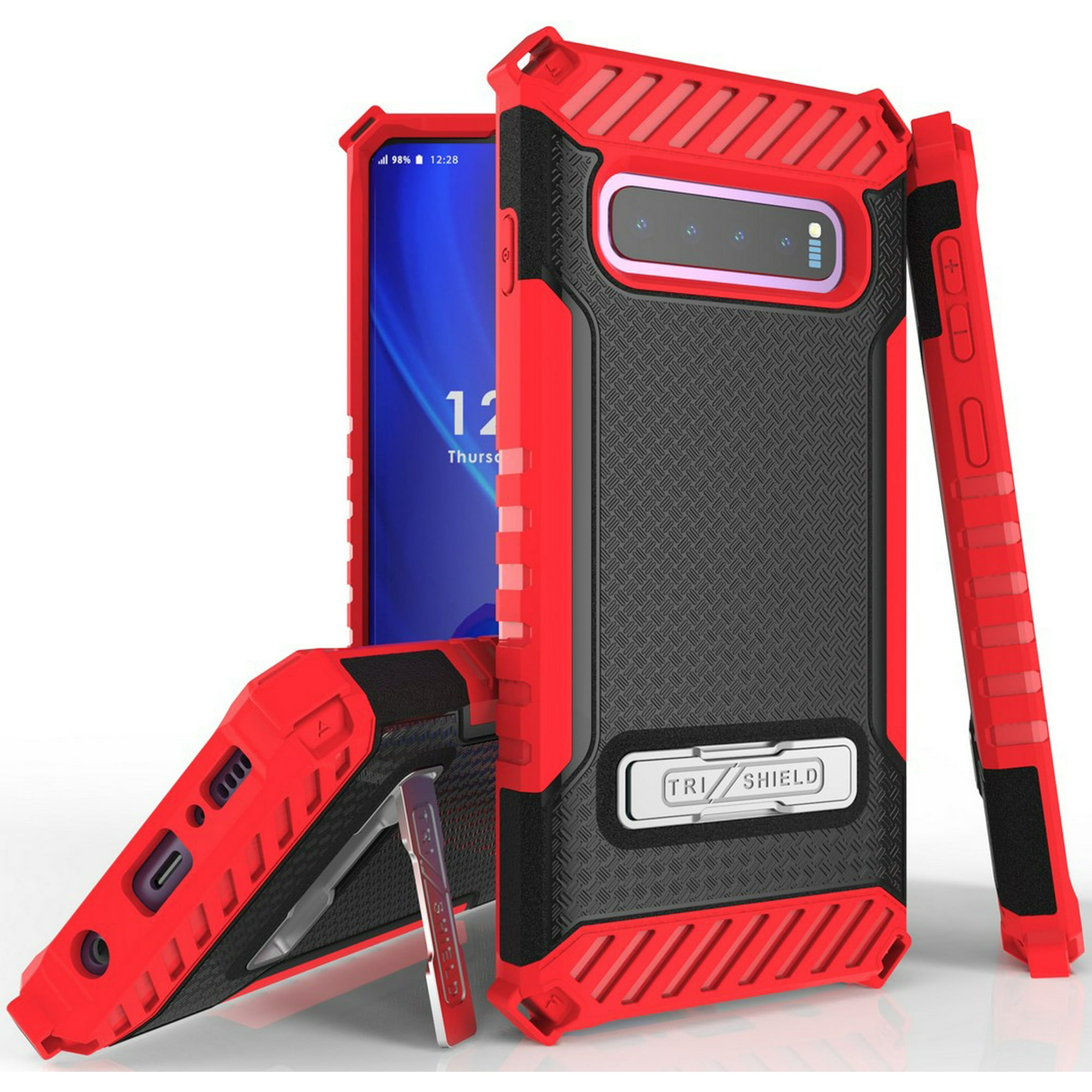 Case for Galaxy S10, Red Tri-Shield [Military Grade] Rugged Cover with Metal Kickstand [Includes Wrist Strap Lanyard] for Samsung Galaxy S10 Phone (SM-G973)