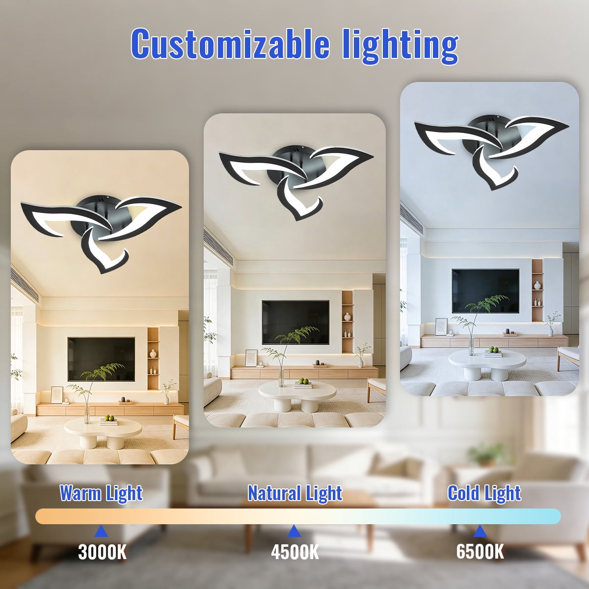 Modern Semi Flush Mount Ceiling Light, 20 inch Dimmable LED Chandelier Low Profile Ceiling with Remote Control, Ceiling Lamp Fixture for Living Room Dining Room Bedroom, Black