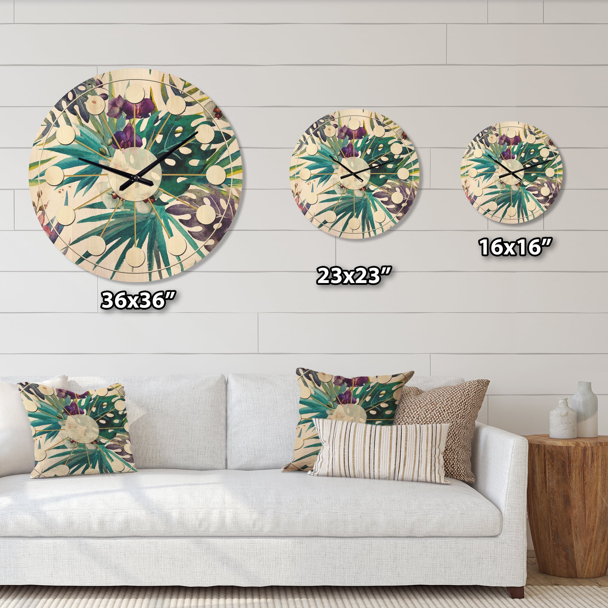 Designart 'Floral Botanical Design Retro II' Mid-Century Modern Wood Wall Clock