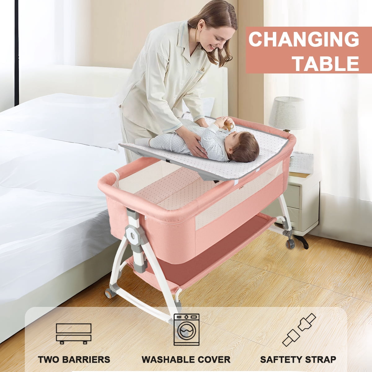 BEJOLO 5-in-1Baby Bassinet, Infant Bedside Crib with Changing Diaper Table, 6 Gear Adjustable Height, for 0-24 Months, Pink