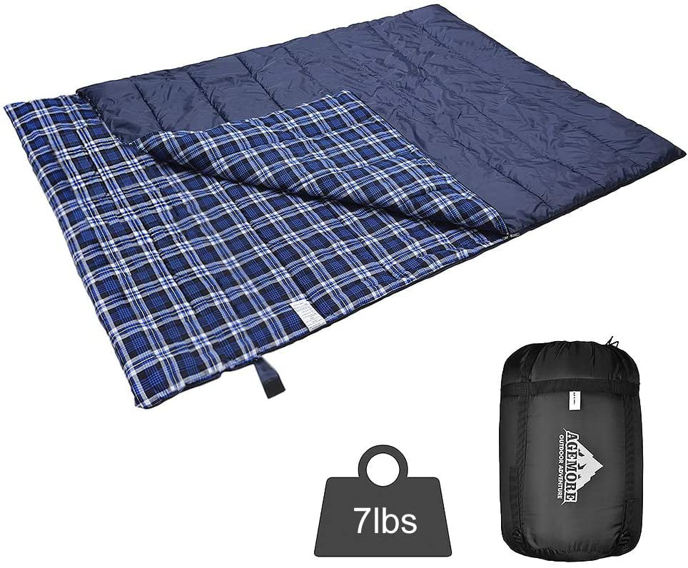 Cold Weather 2 Person Sleeping Bag for Adults Or Teens WERTYCITY Cotton Flannel Double Sleeping Bag for Backpacking Hiking Camping Queen Size XL Waterproof and Lightweight