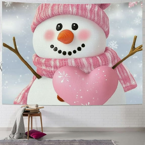 Pratyus Snowman Heart Pink Tapestry Wall Hanging Short Plush Christmas Decoration Dorm Decor - Multiple Sizes Available 40x30inch