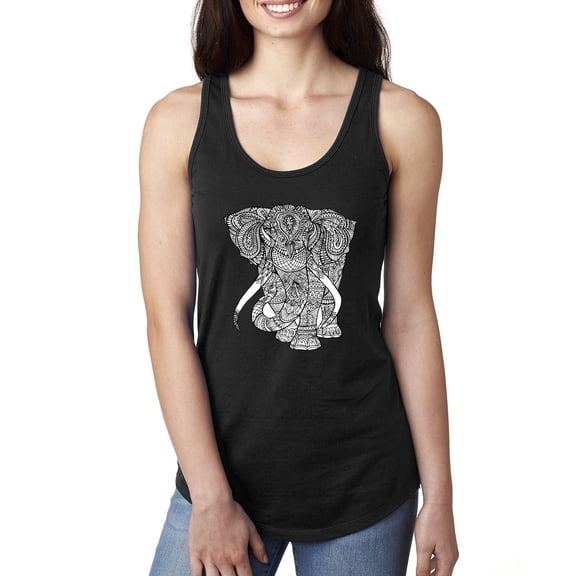 Black and White Mosaic Retro Mandala Elephant Animal Lover Ladies Racerback Tank Top, Black, Small