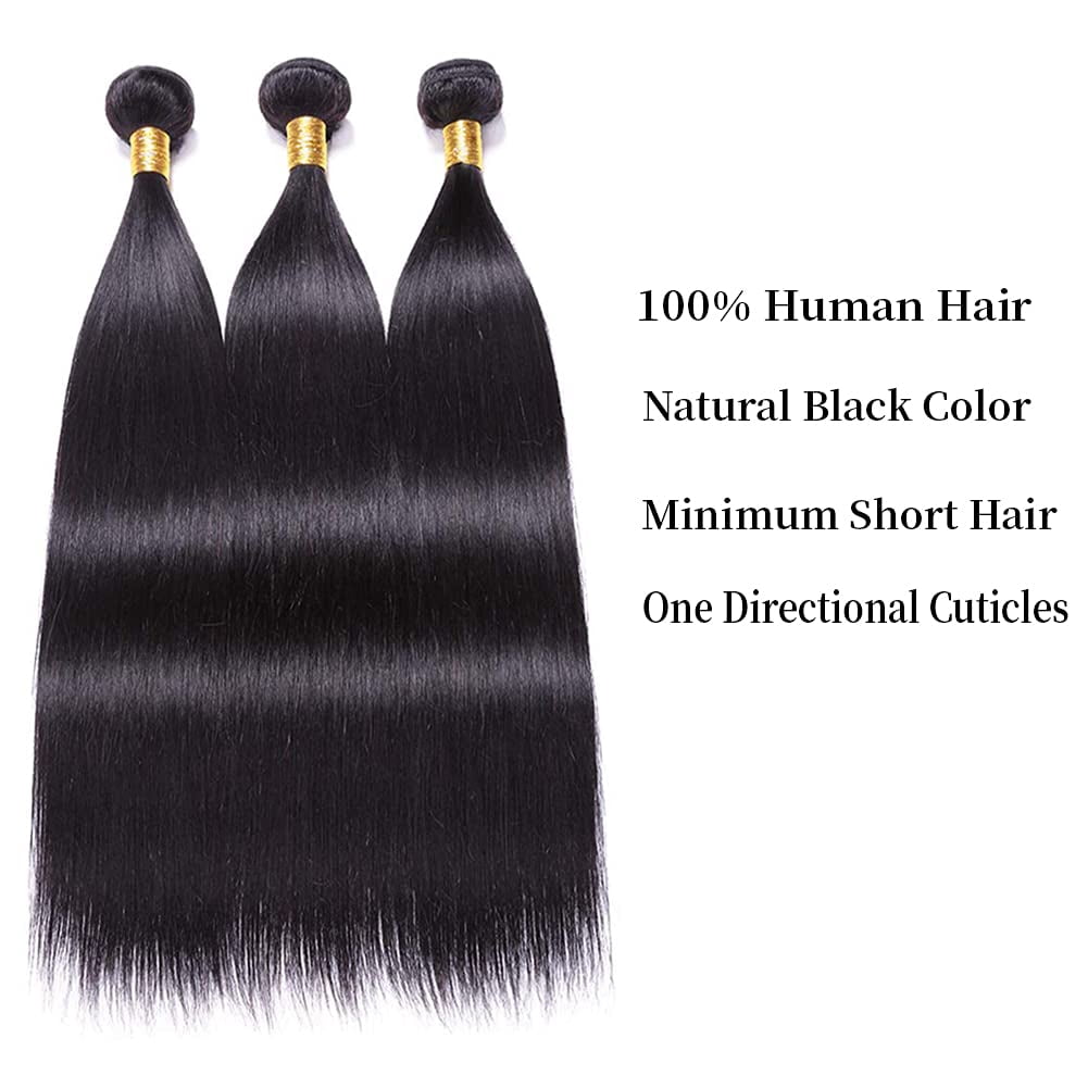 Remy Straight Human Hair 3 Bundles with 4x4 Lace Closure 100g Per Bundle Gross Weight Natural Black Color