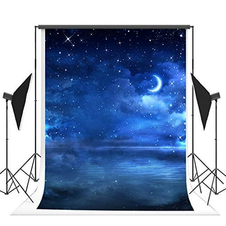 HelloDecor Polyster 5x7ft Blue Sky Photography Backdrops Summer Night Star Moon Photo Background for