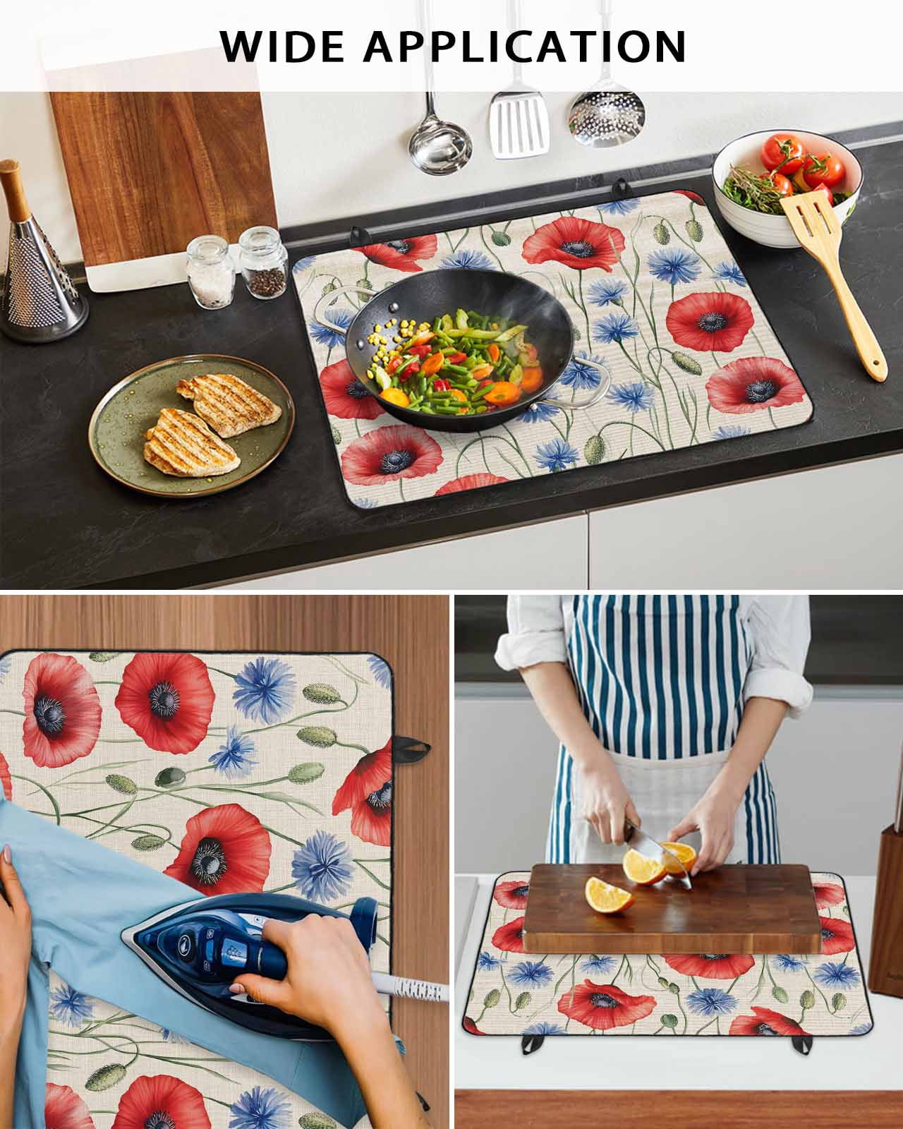 nqOlkjepod Large Induction Cooktop Protector Mat 36"x21", Red Poppy Flower Stove Top Covers for Electric Stove, Blue Daisy Floral Patriotic 4th of July Stove Burner Cover Mats, Glass Top Stove Cover