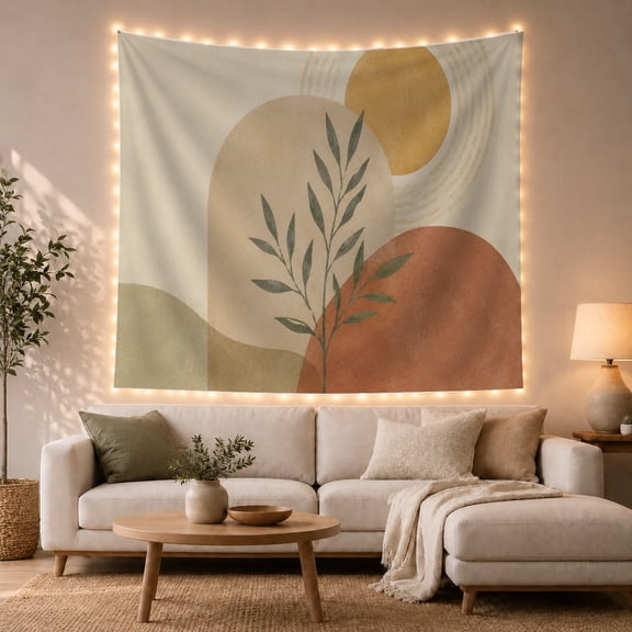 Minimal Botanical Sprig with Tan Arch, Calming Boho for Plant Lovers, Botanical Wall Art, Housewarming Gift, Tapestry Wall Hanging for Bedroom, Living Room and Dorm