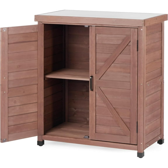 Outdoor Storage Cabinet & Potting Table with Metal Top, Wooden Patio Furniture, Garden Workstation (Royal Brown, 36x31x17in)