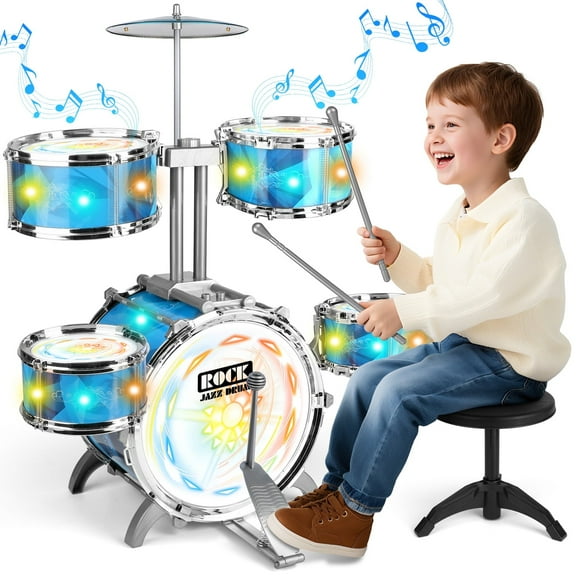 Hot Bee Kids Rock Drum Kit for Toddlers, Upgraded Induction Light Jazz Drum Set w/ Stool, Educational Music Beginner Instrument Toy for Boys & Girls Age 3 4 5 6