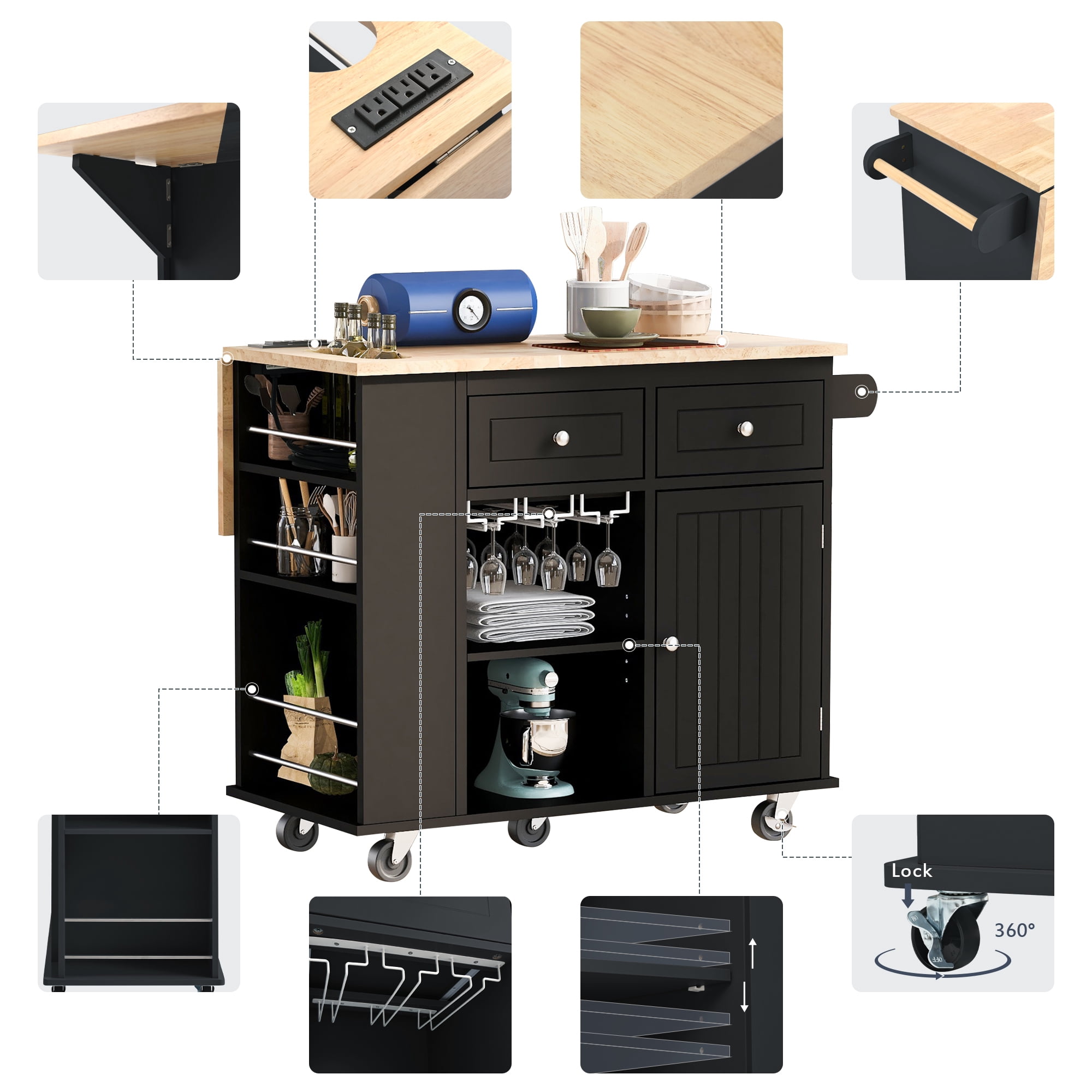 Vastcury 39.8" Kitchen Island Cart on Wheels with Power Outlet, Kitchen Storage Island with Drop Leaf and Wine Rack for Kitchen and Dining Room, Black