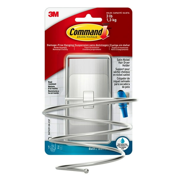 Command Hair Dryer Holder, Satin Nickel, 1 Holder, 2 Water Resistant