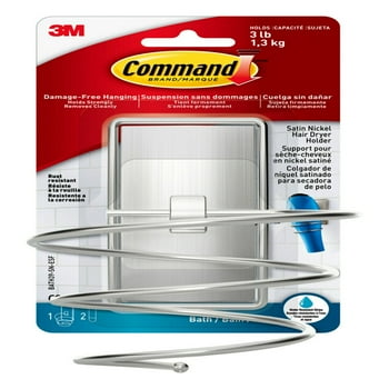 Command Hair Dryer Holder, Satin Nickel, 1 Holder, 2 Water Resistant Strips, Bathroom Organization