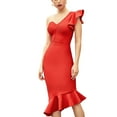thumbnail image 3 of Women's Packaged Hip V-Neck Flounce Ruffle One Shoulder Celebrity Trumpet Bandage Dress Red S, 3 of 7