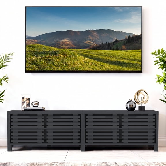 77" Modern Black TV Stand for TVs up to 88", Extra-Wide Media Console with Louvered Storage Cabinets, Living Room & Bedroom Furniture