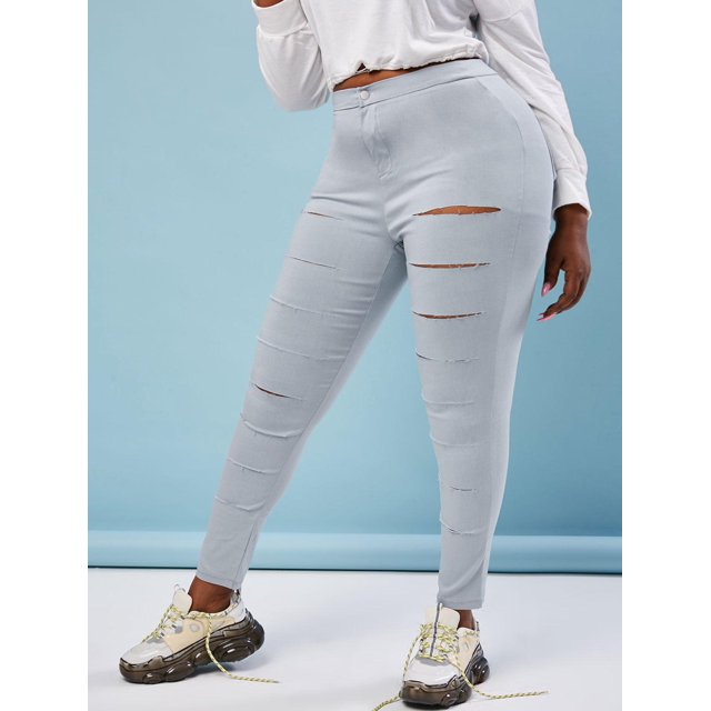 Escalera de colores rasgado más tamaño pantalones flacos Rosegal Pantalones de talla grande
