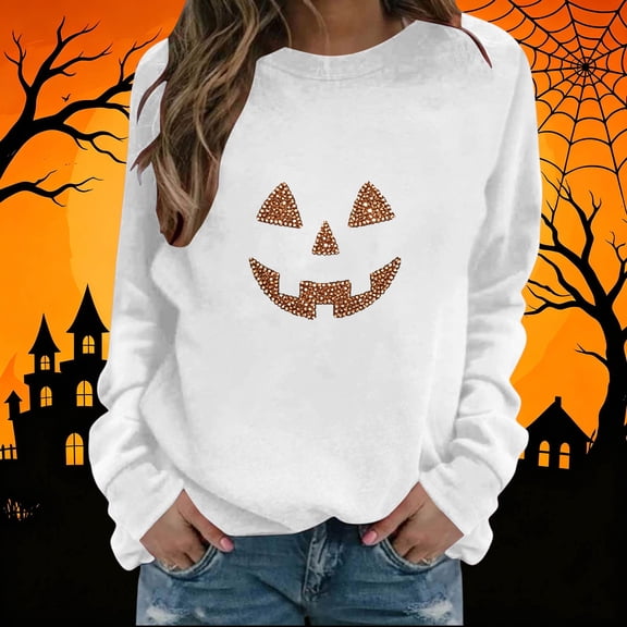 Trikvn Women's Halloween Sweatshirt Long Sleeve Crewneck Pullover Tops Rhinestone Pumpkin Face Graphic Tees Festive Fall Shirts Casual Holiday Party Clothes