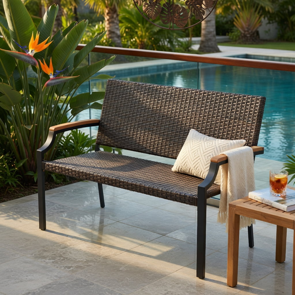 Hommoo Outdoor Wicker Loveseat with Acacia Wood Armrests & Heavy-Duty Metal Frame, PE Rattan Stackable Patio Sofa for Backyard, Porch, Garden, Brown
