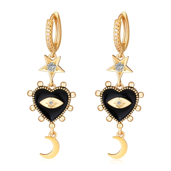 DESIGNICE 2026 New Evil Eye Heart Chain Dangle Vintage Earrings for Women 14K Gold Plated Cubic Zirconia Huggie Hoop Earring Delicate Small Simple Hypoallergenic Ear Jewelry Gift