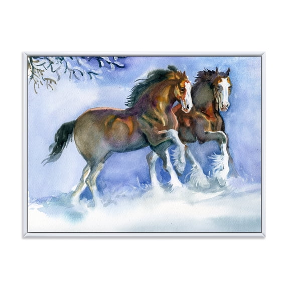 Designart 'Horses Running In Winter On Blue' Farmhouse Framed Canvas Wall Art Print