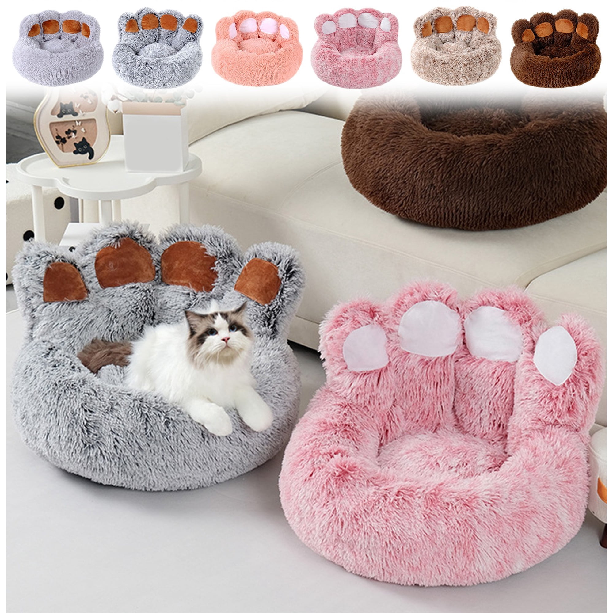 EBCUE Paw‑Shaped Plush Pet Cuddler Bed, Soft Sponge‑Filled Calming Nest, Non‑Slip Base Cozy Sofa‑Style Cushion for Small‑Medium Cats Dogs Indoor Use