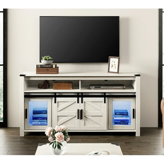 Tall TV Stand with Blue LED Lights Strips for 65 inch TVs, Farmhouse Media Console Table with Mesh and Barn Doors for Bedroom, Living Room, Antique White, 59x15.4x31