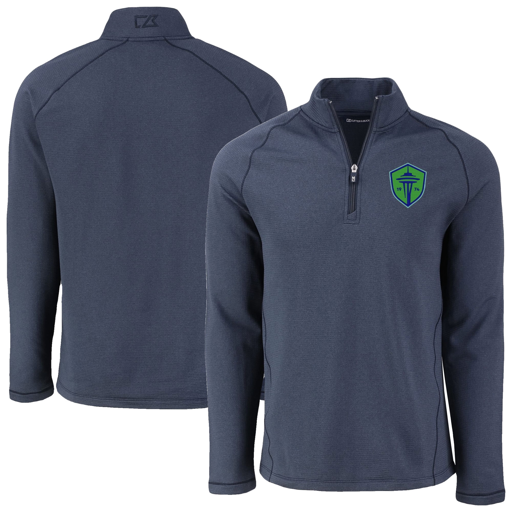 Men's-Cutter & Buck Heather Navy Seattle Sounders FC Peshastin Eco Fleece Recycled Raglan Half-Zip Top