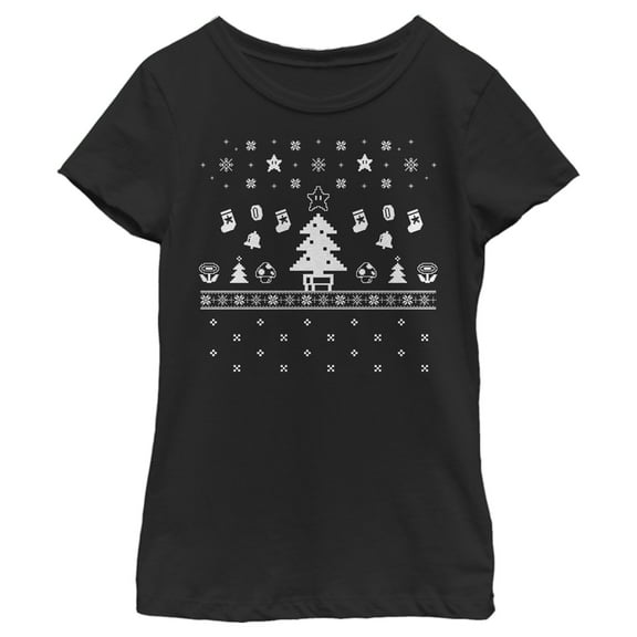 Girl's Nintendo Super Mario Ugly Christmas Tree Graphic Tee Black Medium