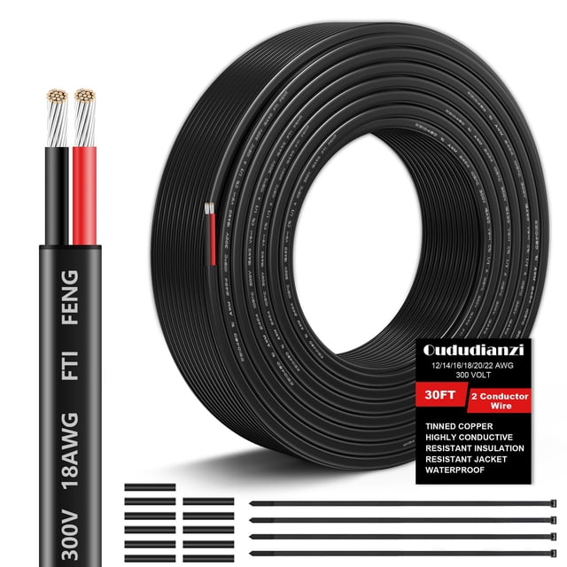 Cable eléctrico calibre 18, 2 conductores, 18 AWG, PVC trenzado, 9 m