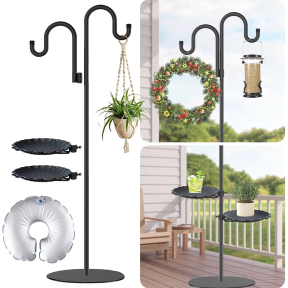 Upgraded 74" Shepherd's Hook Stand plant，Bird Feeder，Wind Chime Hanger Stand, Waterproof Metal & Adjustable-Height Standing Pole Holder for Lantern and Wreath, Indoor & Outdoor（2 Placement Racks)