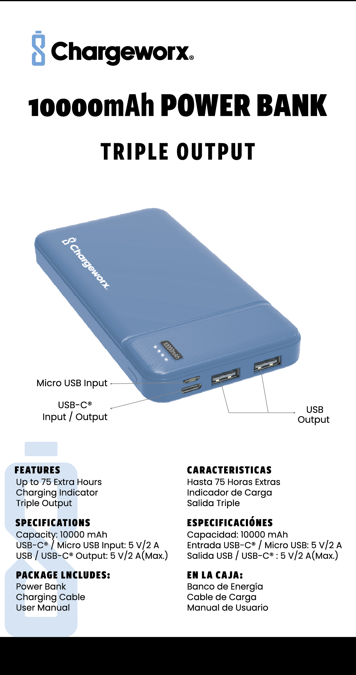 Chargeworx 10000mAh Power Bank – Portable Charger with Triple Output | USB-C, Micro USB & USB Ports | Up to 75 Extra Hours | Compact External Battery Pack for Phones, Tablets & Mor